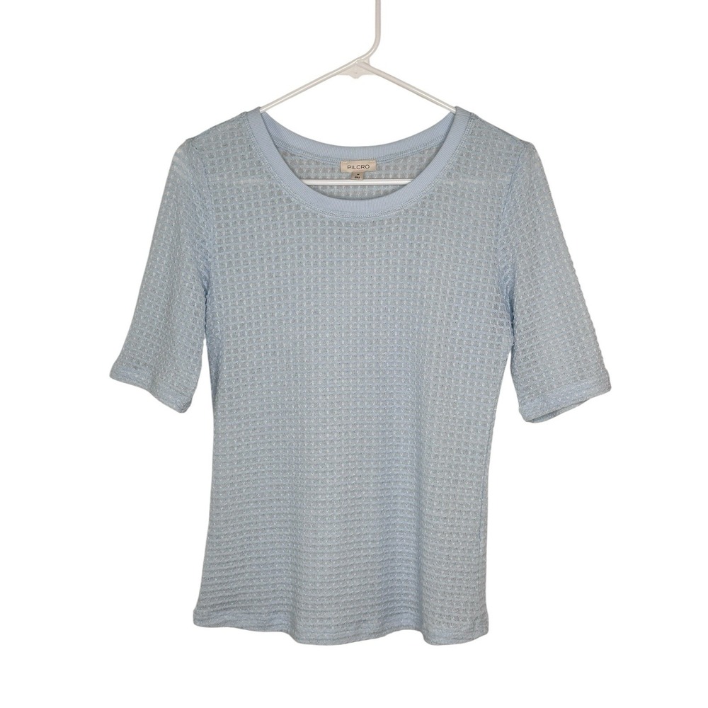 PILCRO Anthropologie Short Sleeve Textured Fitted Tee Shirt Blue MEDIUM M Semi